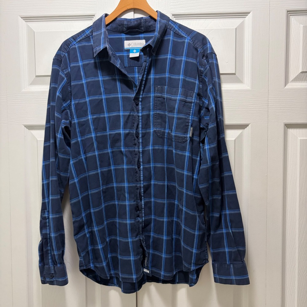 Columbia Mens Navy Blue Plaid Long Sleeve Button Down Shirt AM8022 Large